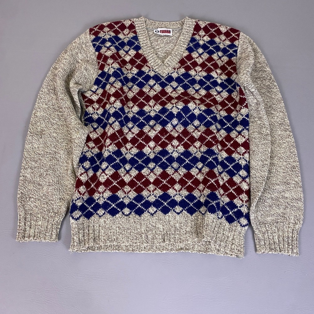 Vintage Tuxan Wool Sweater Men's M/L Argyle V-Neck Blend Tan Burgundy Blue USA